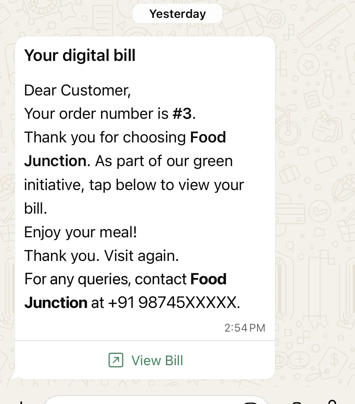 Your digital bill message on WhatsApp with a View Bill button