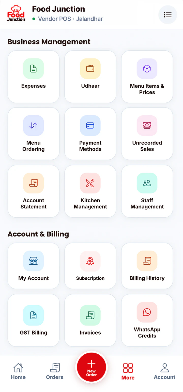 Business Management menu with Expenses, Udhaar, Staff, Kitchen and GST Billing