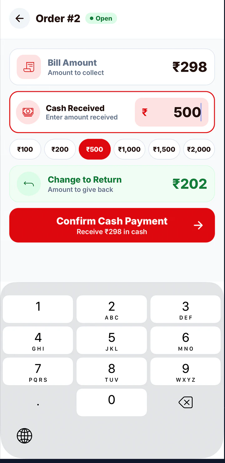 Cash received of ₹500 on a ₹298 bill, showing ₹202 change to return
