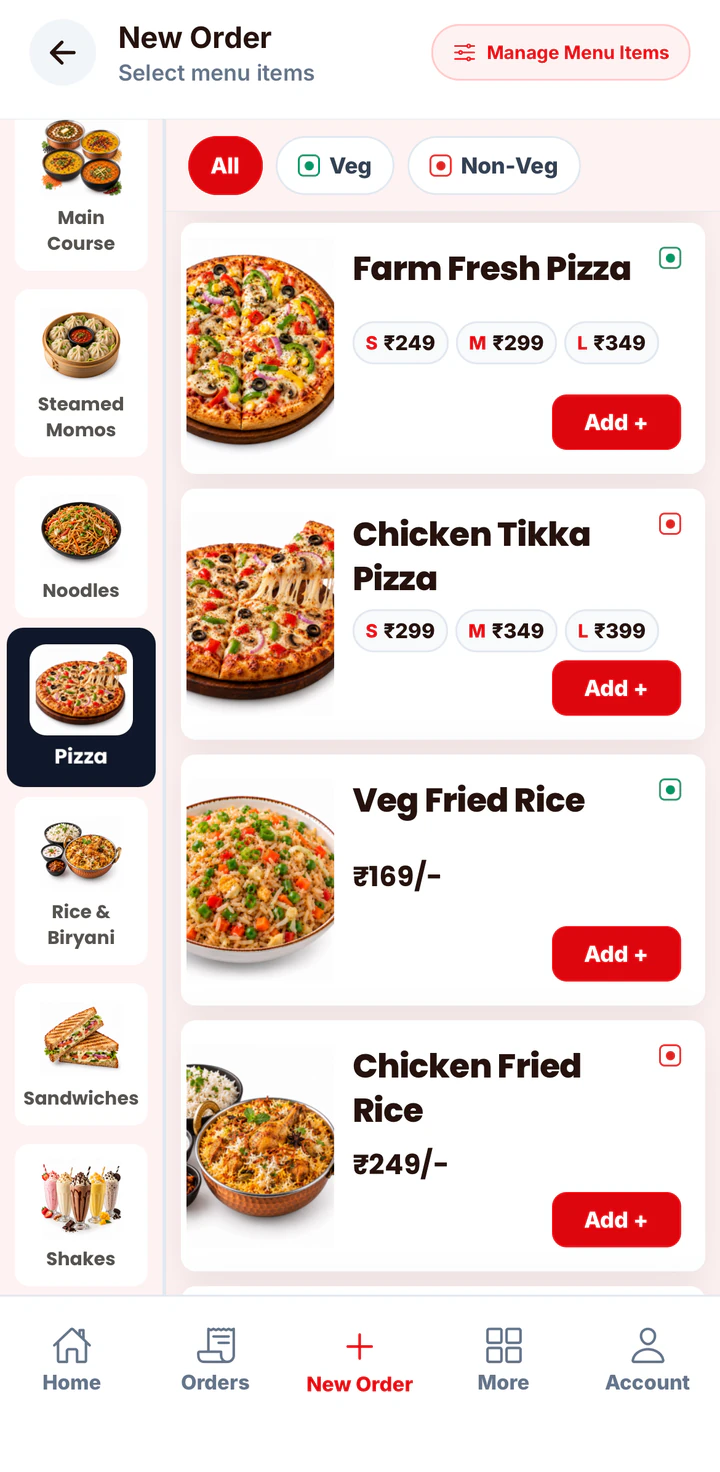 Menu items list with prices and Veg / Non-Veg marks