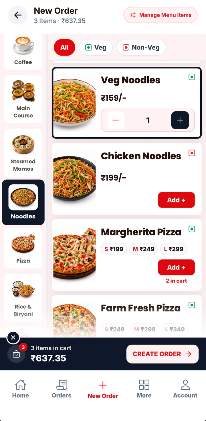 New Order screen with menu photos, Veg / Non-Veg filter and the cart