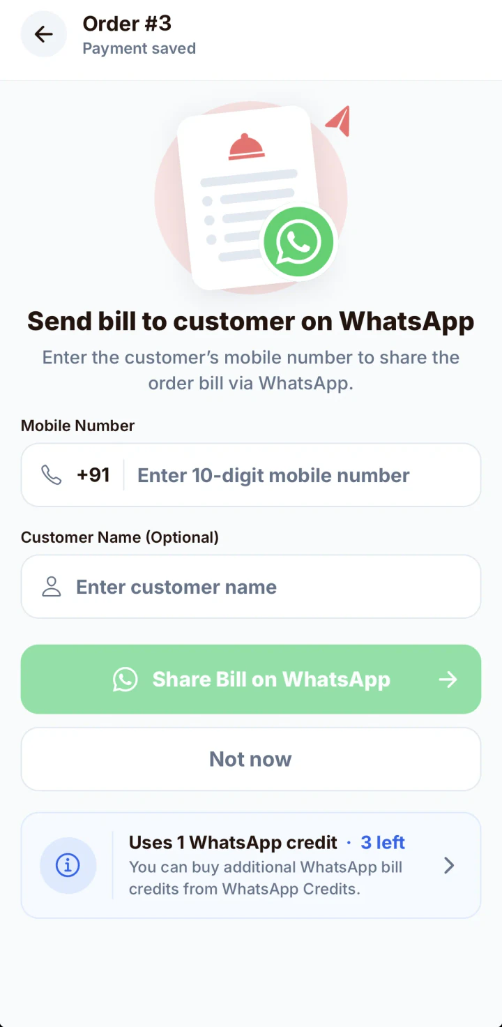 Share bill screen with the customer’s mobile number