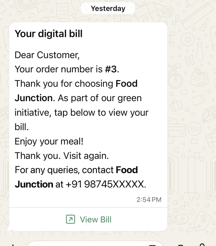 WhatsApp message with a View Bill button