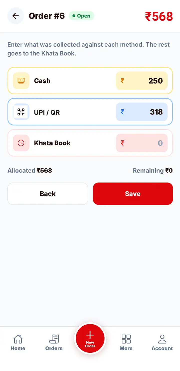 Split payment with cash, PhonePe and Khata Book amounts