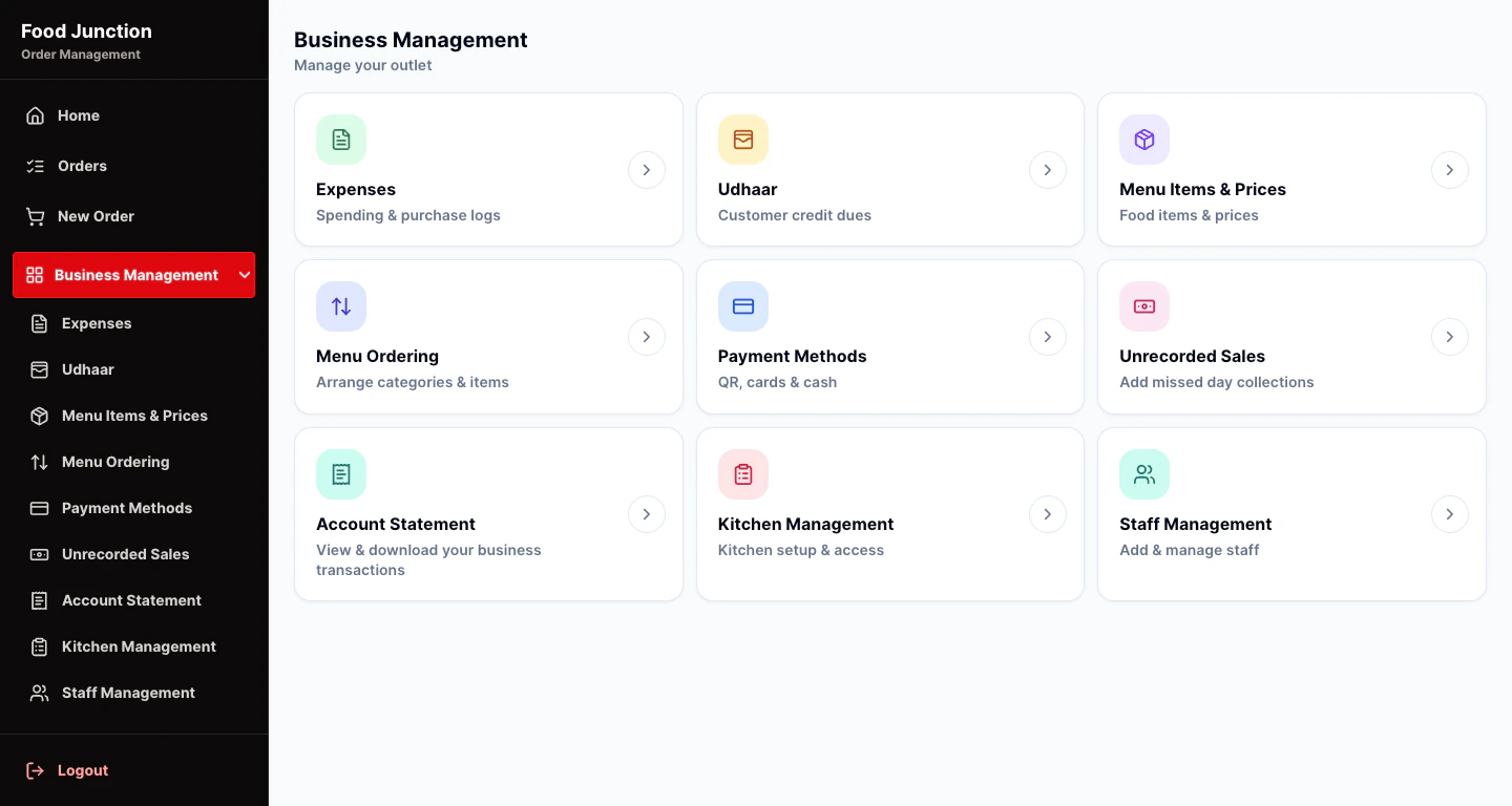 Business Management page in the web app