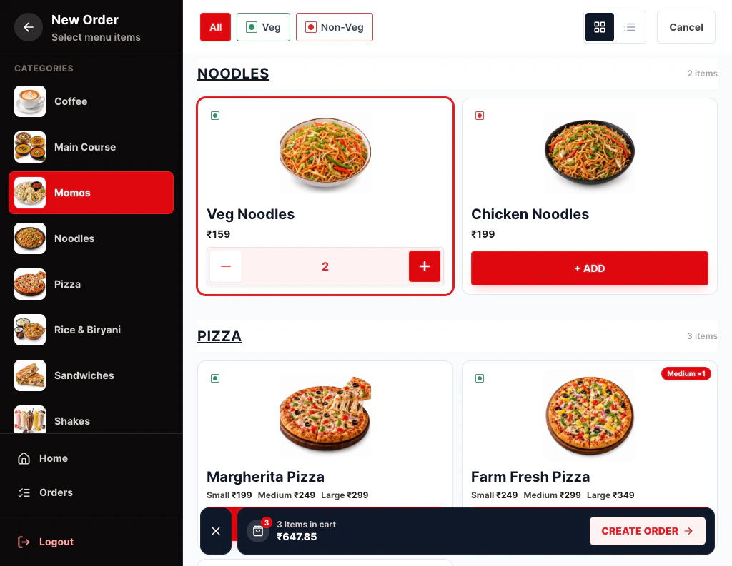 Taking an order in the web app